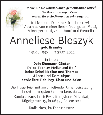 Traueranzeige von Anneliese Bloszyk von Trauerkombi Quedlinburg
