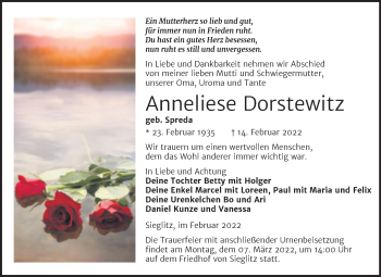 Traueranzeige von Anneliese Dorstewitz von Wochenspiegel Naumburg/Nebra