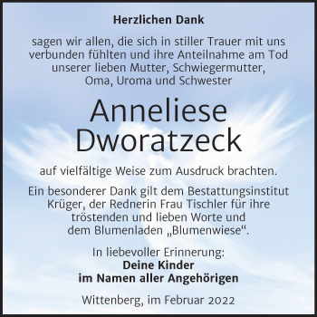 Traueranzeige von Anneliese Dworatzeck von Trauerkombi Wittenberg