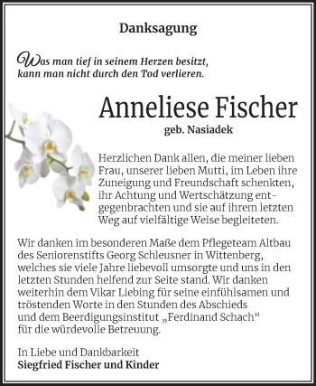 Traueranzeige von Anneliese Fischer von Trauerkombi Wittenberg
