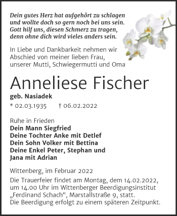 Traueranzeige von Anneliese Fischer von Trauerkombi Wittenberg
