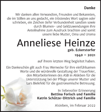 Traueranzeige von Anneliese Heinze von Trauerkombi Bernburg