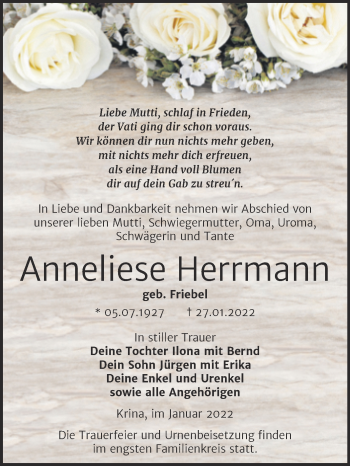 Traueranzeige von Anneliese Herrmann von Trauerkombi Bitterfeld