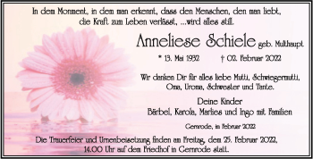 Traueranzeige von Anneliese Schiele von Trauerkombi Quedlinburg