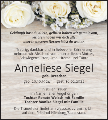 Traueranzeige von Anneliese Siegel von Trauerkombi Bernburg