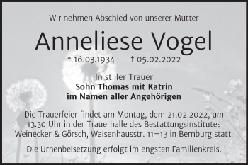 Traueranzeige von Anneliese Vogel von Trauerkombi Bernburg