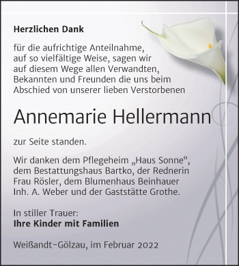 Traueranzeige von Annemarie Hellermann von Trauerkombi Köthen