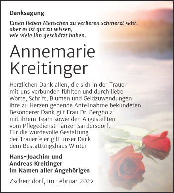 Traueranzeige von Annemarie Kreitinger von Trauerkombi Bitterfeld