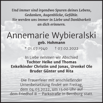 Traueranzeige von Annemarie Wybieralski von Trauerkombi Bernburg