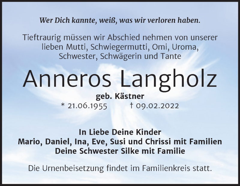  Traueranzeige für Anneros Langholz vom 17.02.2022 aus Trauerkombi Merseburg