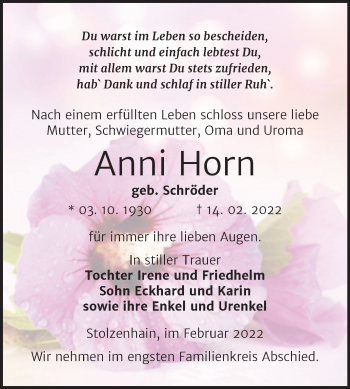 Traueranzeige von Anni Horn von Trauerkombi Zeitz