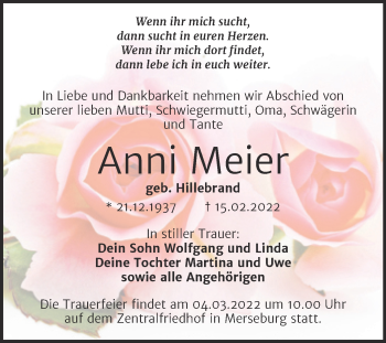 Traueranzeige von Anni Meier von Trauerkombi Merseburg