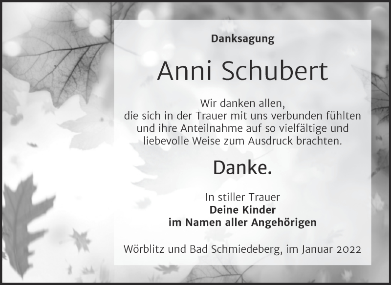  Traueranzeige für Anni Schubert vom 19.02.2022 aus Trauerkombi Wittenberg