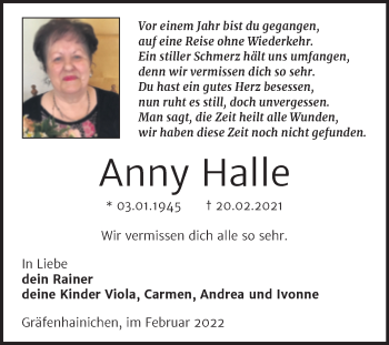 Traueranzeige von Anny Halle von Trauerkombi Wittenberg