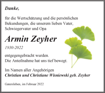 Traueranzeige von Armin Zeyher von Trauerkombi Aschersleben
