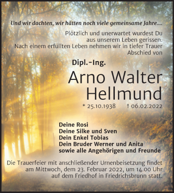 Traueranzeige von Arno Walter Hellmund von Trauerkombi Quedlinburg