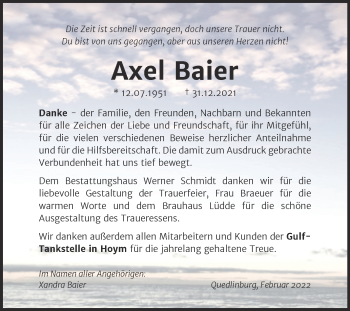 Traueranzeige von Axel Baier von Trauerkombi Quedlinburg