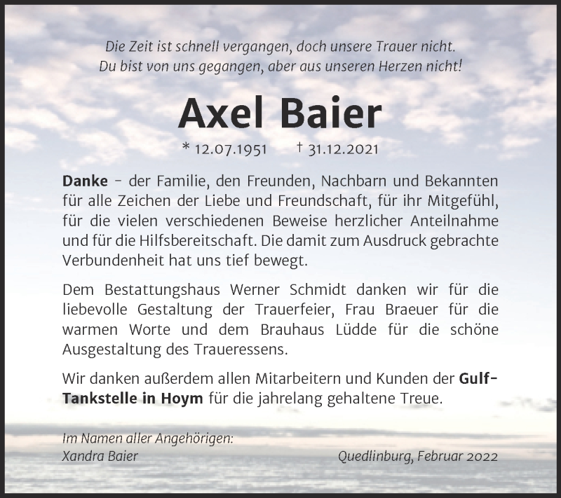  Traueranzeige für Axel Baier vom 26.02.2022 aus Trauerkombi Quedlinburg