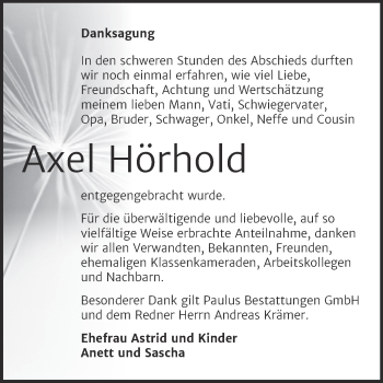 Traueranzeige von Axel Hörhold von Mitteldeutsche Zeitung Halle/Saalkreis