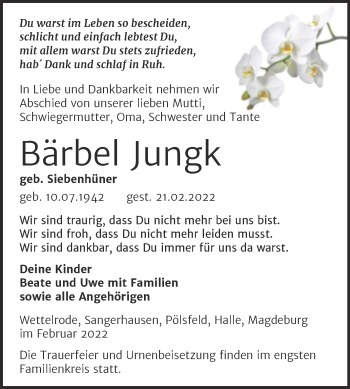 Traueranzeige von Bärbel Jungk von Trauerkombi Sangerhausen