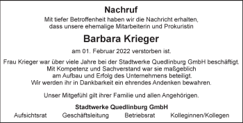 Traueranzeige von Barbara Krieger von Mitteldeutsche Zeitung Quedlingburg