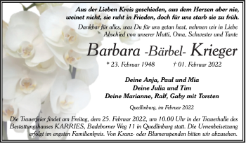 Traueranzeige von Barbara Krieger von Trauerkombi Quedlinburg