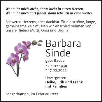 Traueranzeige von Barbara Sinde von Trauerkombi Sangerhausen