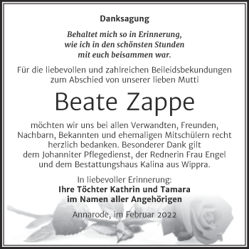 Traueranzeige von Beate Zappe von Trauerkombi Mansfelder Land