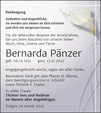 Traueranzeige von Bernarda Pänzer von Trauerkombi Merseburg
