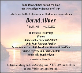 Traueranzeige von Bernd Allner von Trauerkombi Aschersleben