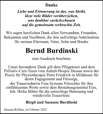 Traueranzeige von Bernd Burdinski von Trauerkombi Dessau