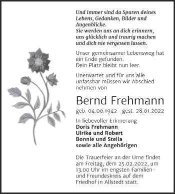 Traueranzeige von Bernd Frehmann von Trauerkombi Sangerhausen