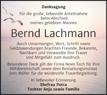 Traueranzeige von Bernd Lachmann von Trauerkombi Aschersleben