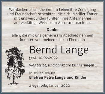 Traueranzeige von Bernd Lange von Trauerkombi Merseburg