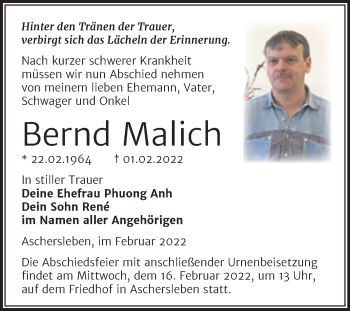 Traueranzeige von Bernd Malich von Trauerkombi Aschersleben