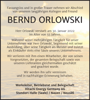 Traueranzeige von Bernd Orlowski von Mitteldeutsche Zeitung Halle/Saalkreis