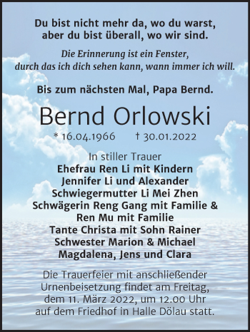 Traueranzeige von Bernd Orlowski von Mitteldeutsche Zeitung Halle/Saalkreis