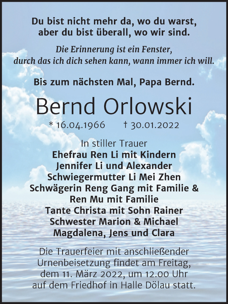  Traueranzeige für Bernd Orlowski vom 12.02.2022 aus Mitteldeutsche Zeitung Halle/Saalkreis