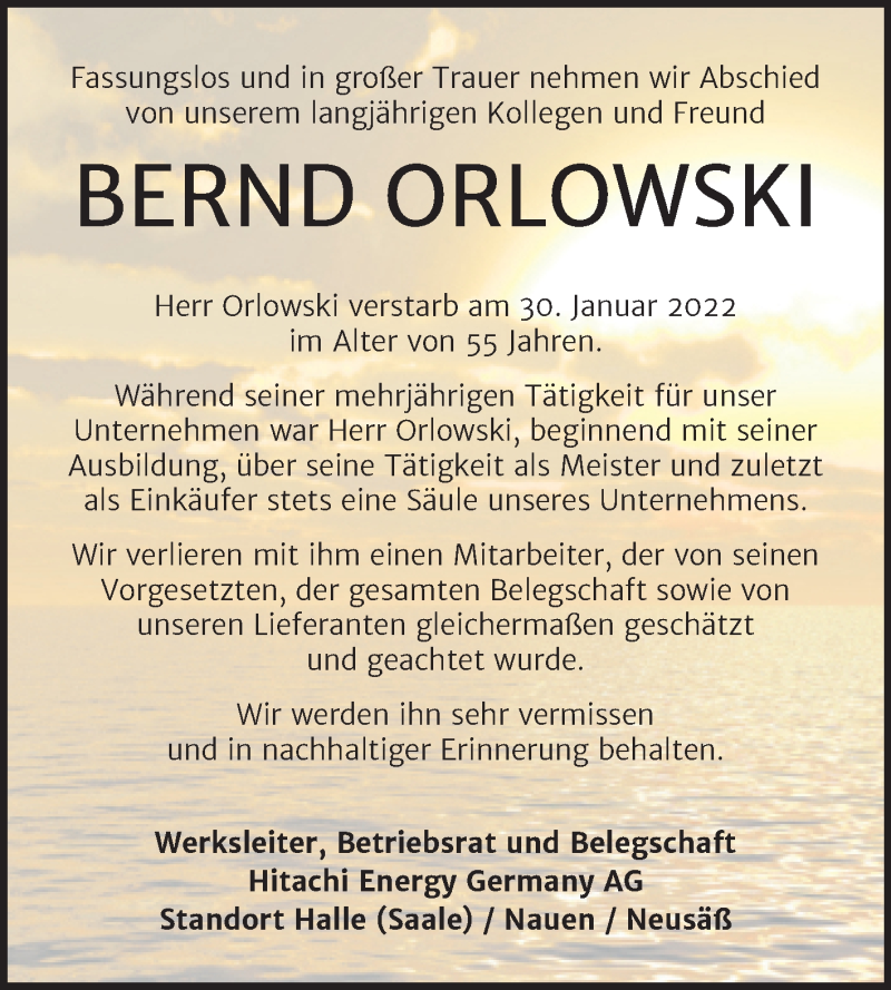  Traueranzeige für Bernd Orlowski vom 05.02.2022 aus Mitteldeutsche Zeitung Halle/Saalkreis