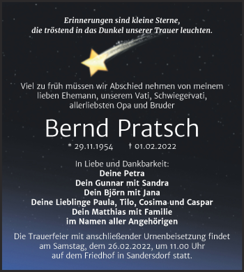 Traueranzeige von Bernd Pratsch von Trauerkombi Bitterfeld