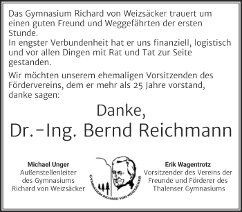 Traueranzeige von Bernd Reichmann von Super Sonntag Quedlingburg