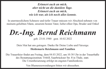 Traueranzeige von Bernd Reichmann von Trauerkombi Quedlinburg
