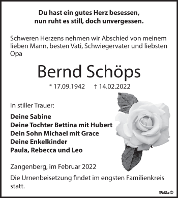 Traueranzeige von Bernd Schöps von Trauerkombi Zeitz