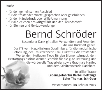 Traueranzeige von Bernd Schröder von Trauerkombi Quedlinburg