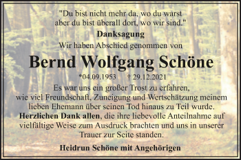 Traueranzeige von Bernd Wolfgang Schöne von Trauerkombi Dessau