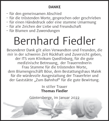 Traueranzeige von Bernhard Fiedler von Trauerkombi Quedlinburg