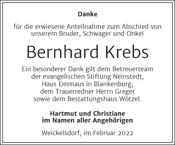 Traueranzeige von Bernhard Krebs von Trauerkombi Zeitz
