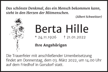 Traueranzeige von Berta Hille von Trauerkombi Wittenberg