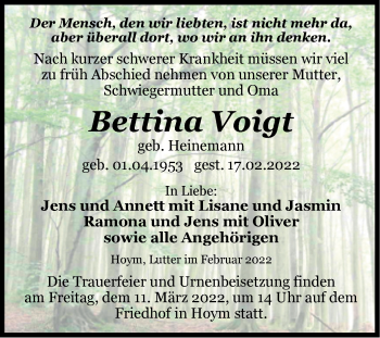 Traueranzeige von Bettina Voigt von Trauerkombi Aschersleben