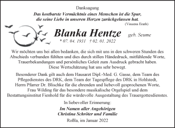 Traueranzeige von Blanka Hentze von Trauerkombi Sangerhausen